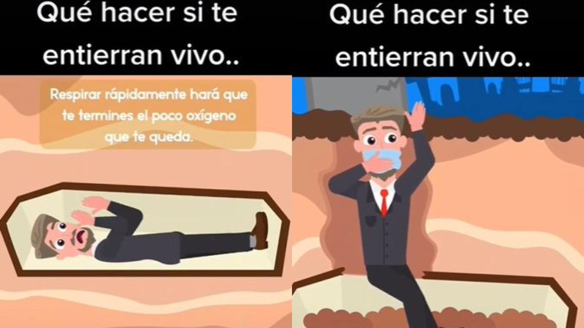 El video está ilustrado por una animación, donde se ve a una figura humana atrapada en un ataúd. Las instrucciones del tutorial van apareciendo en la pantalla.