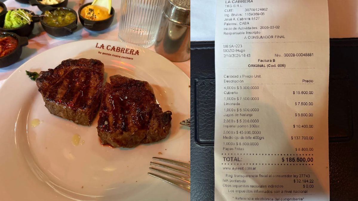 Pagó $185.500 por una cena para tres en La Cabrera: el ticket con tres medios ojos de bife se volvió viral.