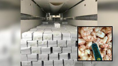 El cargamento está compuesto por 1231 cajas de cola de langostino congelado, 14 de langostino entero congelado y 84 de langostino pelado devenado con un peso neto total de 23.306 kilogramos.&nbsp;