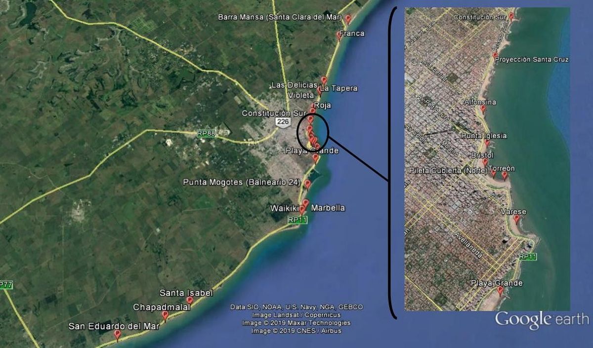 Puntos de muestreo de la costa Argentina (Obras Sanitarias Municipalidad General Pueyrredón, verano 2024-2025). Puntos de muestreo de la costa Argentina (Obras Sanitarias Municipalidad General Pueyrredón, verano 2024-2025).