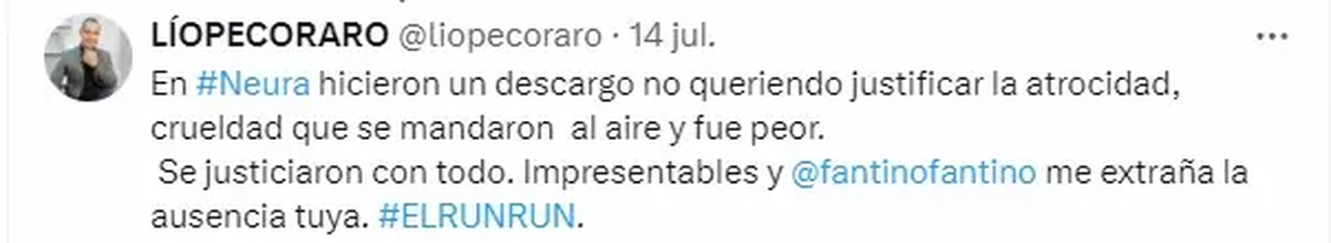 Lío Pecoraro y su pedido de explicaciones a Alejandro Fantino tras el brutal chiste en Neura que involucró pedofilia y cáncer infantil. Lío Pecoraro y su pedido de explicaciones a Alejandro Fantino tras el brutal chiste en Neura que involucró pedofilia y cáncer infantil.