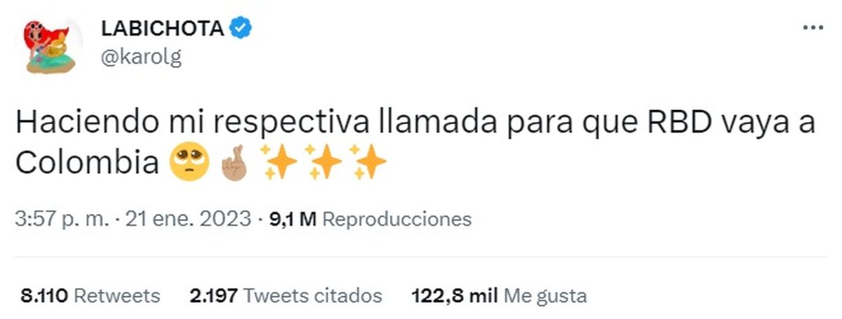 El pedido de Karol G para que RBD fije una fecha en Colombia.