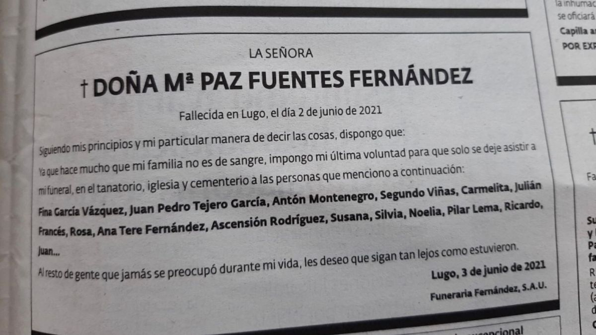 Una mujer, en España, dejó por escrito en su esquela los nombres de las personas que estaban habilitadas a estar presentes en su funeral.