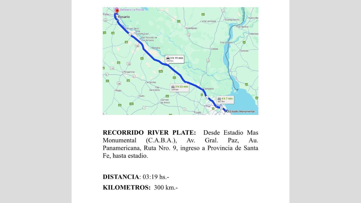 Los hinchas de Rriver harán lo propio saliendo desde el estadio Monumental (C.A.B.A.), toman Av. Gral. Paz, Autopista Panamericana, Ruta Nro. 9 con ingreso a Provincia de Santa Fe, hasta estadio. Los hinchas de Rriver harán lo propio saliendo desde el estadio Monumental (C.A.B.A.), toman Av. Gral. Paz, Autopista Panamericana, Ruta Nro. 9 con ingreso a Provincia de Santa Fe, hasta estadio.