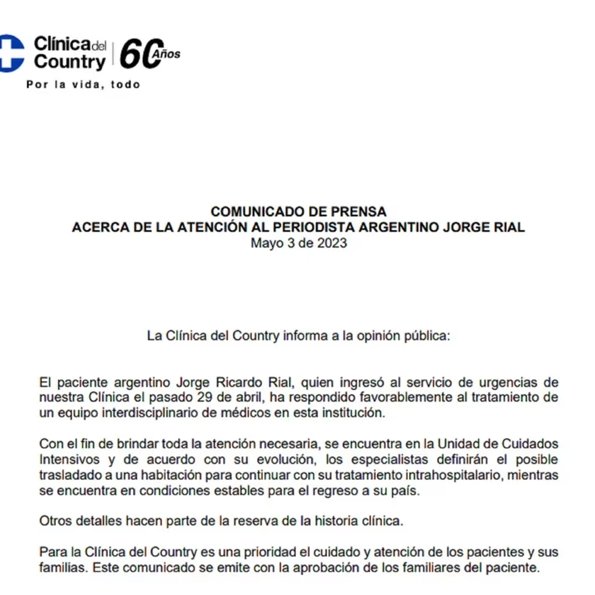 El nuevo parte médico de Jorge Rial.