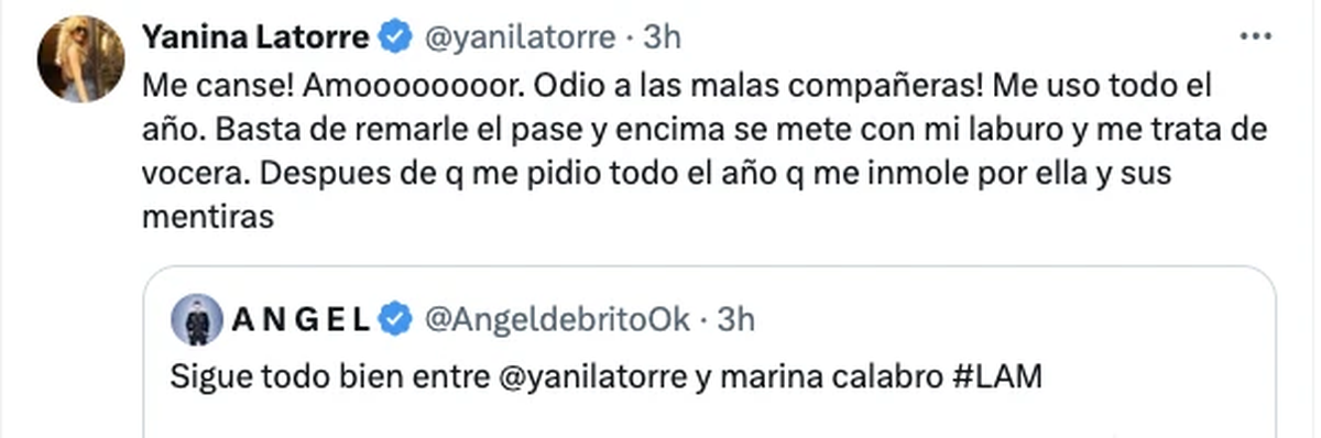 La publicación de Yanina Latorre contra Marina Calabró. La publicación de Yanina Latorre contra Marina Calabró.