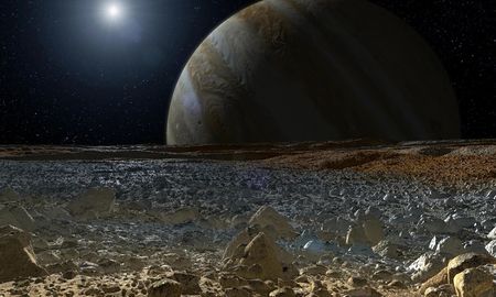 Una ilustración de cómo se vería si estuvieras en la superficie congelada de Europa. Crédito de imagen: NASA/JPL-Caltech Una ilustración de cómo se vería si estuvieras en la superficie congelada de Europa. Crédito de imagen: NASA/JPL-Caltech