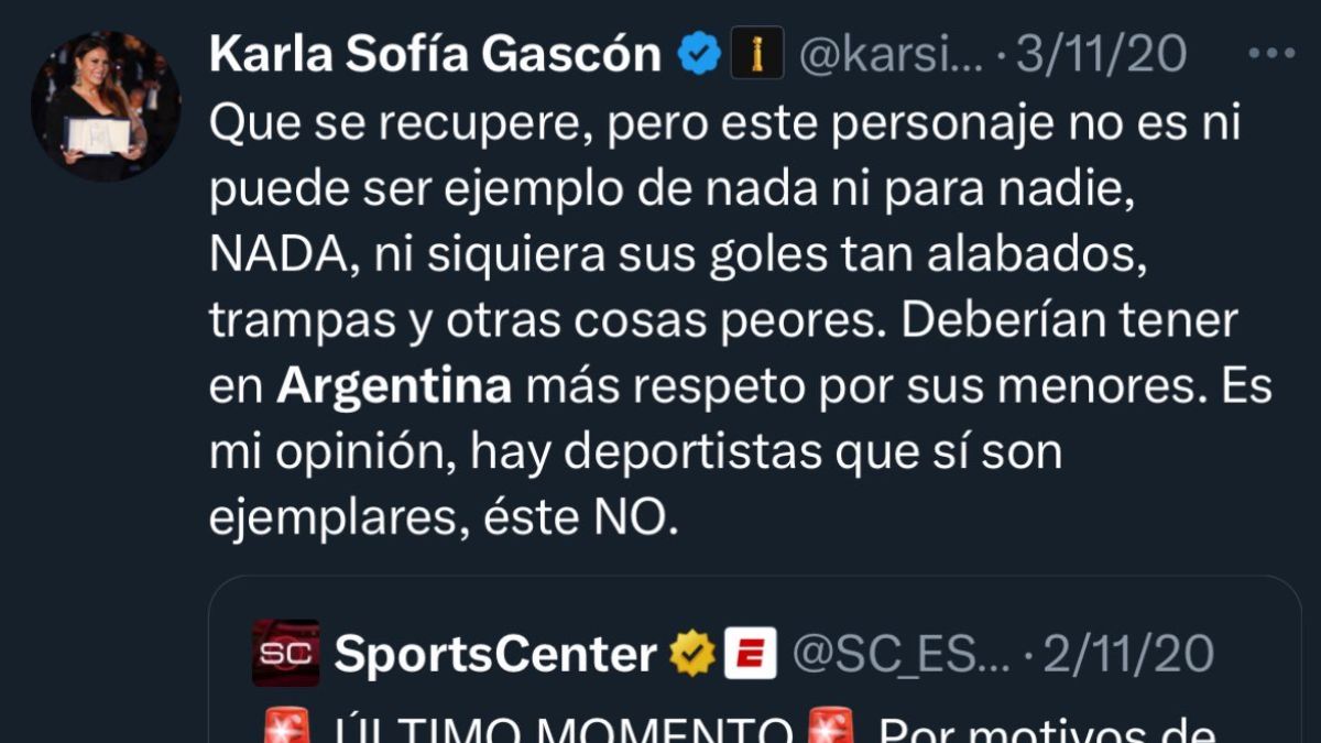 La actriz Karla Sofía Gascón pide disculpas públicas por los tuits sobre el Islam y Maradona. La actriz Karla Sofía Gascón pide disculpas públicas por los tuits sobre el Islam y Maradona.