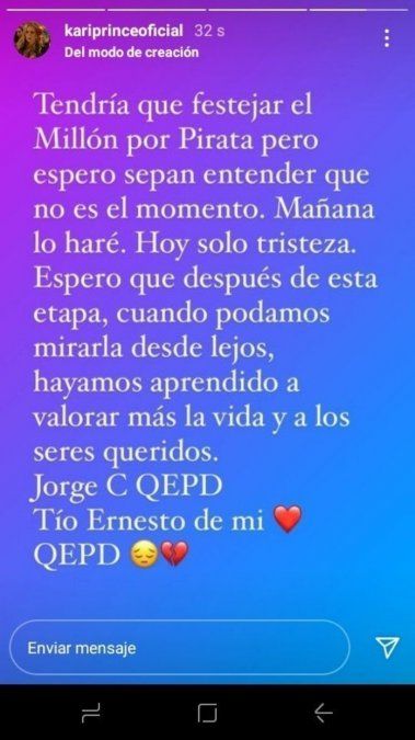 Karina, La Princesita uso sus redes sociales para expresarse por la muerte del papá de El Polaco.