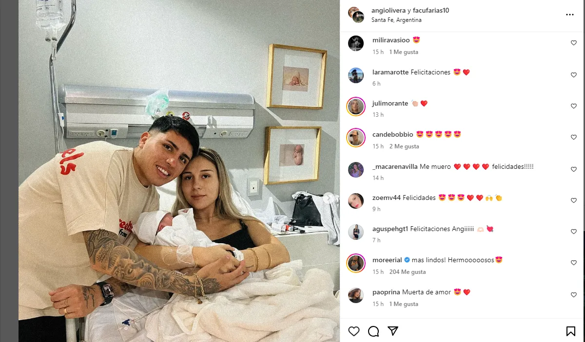 Facundo Farías y su posteo en las redes sociales junto a su pareja e hijo recién nacido.