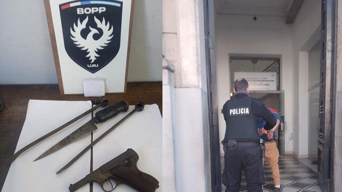 La policía le secuestró un arma de fuego calibre 22 una cuchilla con mango de madera