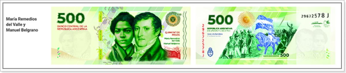 María Remedios del Valle y Manuel Belgrano, billete de $500.