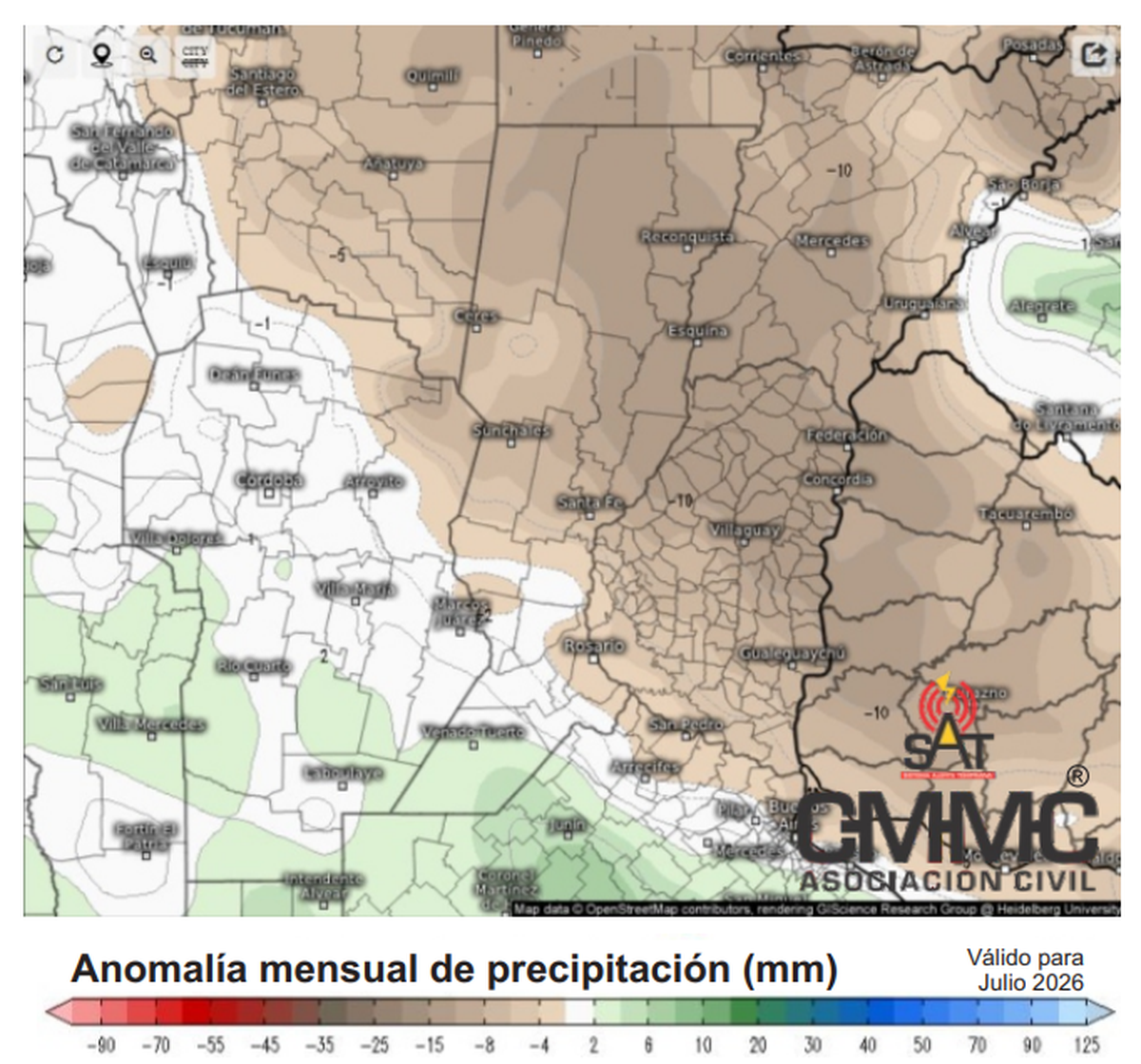 La previsión de lluvias para el mes de julio marca un leve descenso con respecto al promedio histórico; es el único mes de los próximos seis en el que esto sucede.