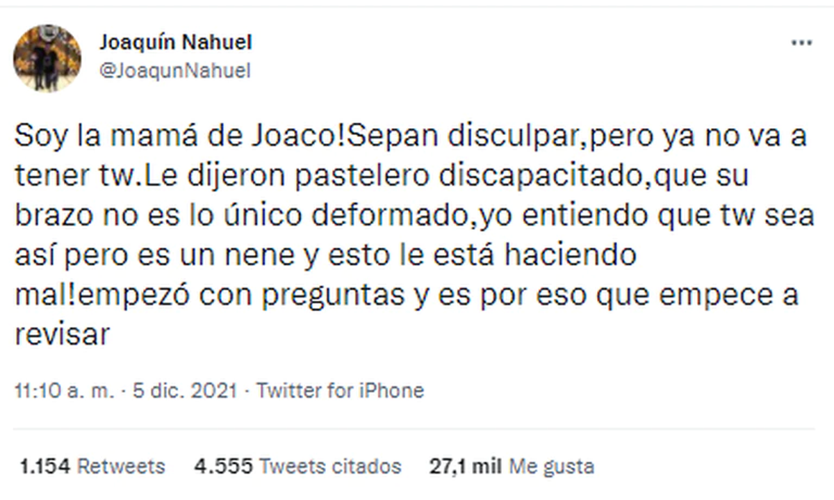 La mam&aacute; de Joaqu&iacute;n Nahuel habl&oacute; de los ataques virtuales que sufri&oacute; el nene en Twitter.