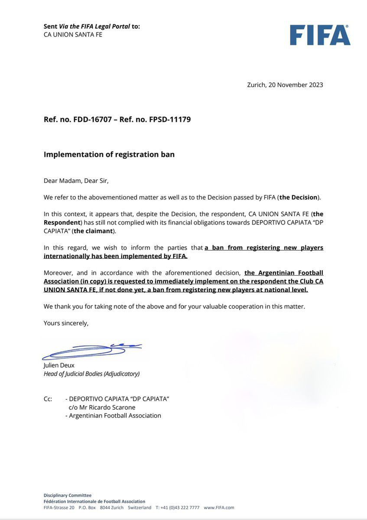 Llegó la inhibición a Unión por parte de la FIFA por la deuda con Capiatá, por el pase de Marabel. Llegó la inhibición a Unión por parte de la FIFA por la deuda con Capiatá, por el pase de Marabel.