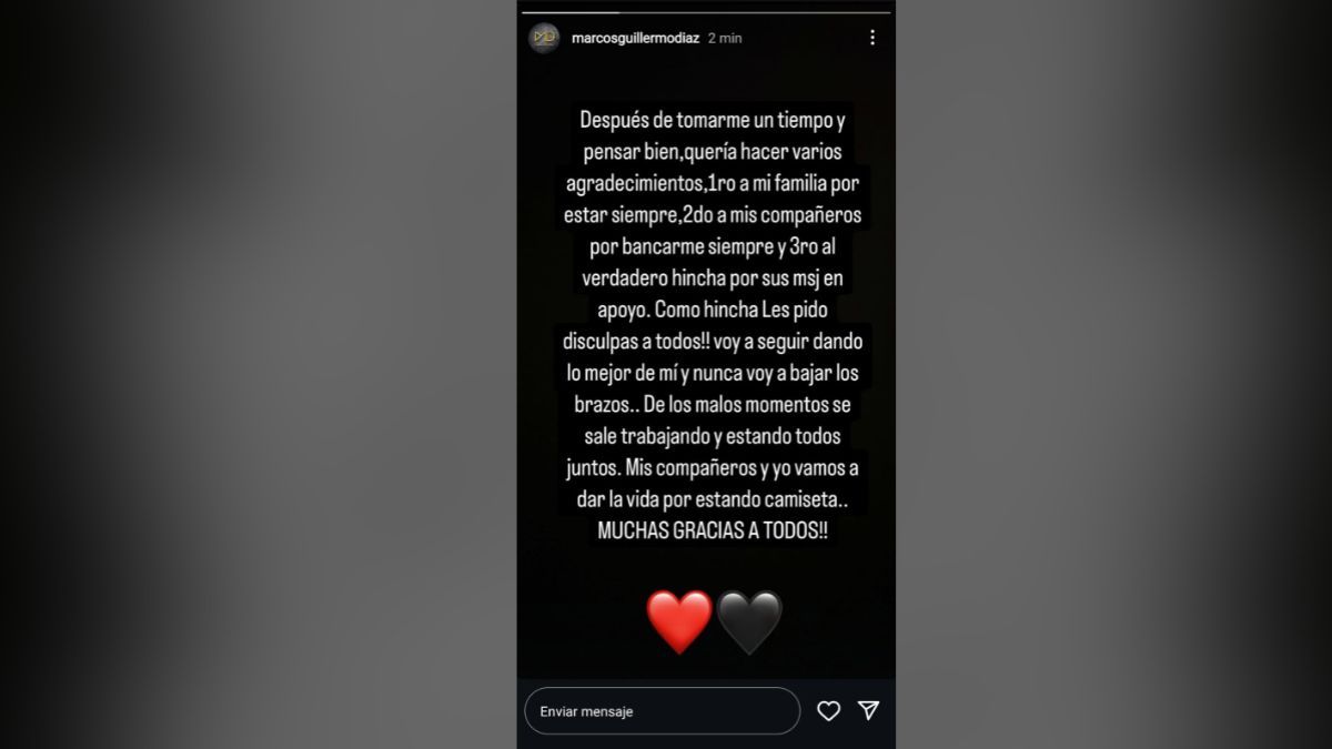 El mensaje de Marcos Díaz en su cuenta de instagram.