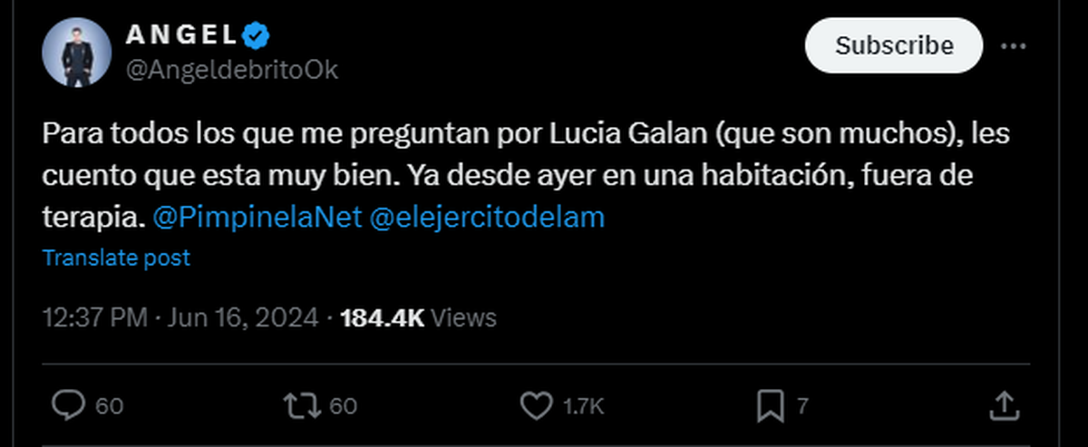 Ángel de Brito realizó una actualización sobre la salud de Lucía Galán. Ángel de Brito realizó una actualización sobre la salud de Lucía Galán.