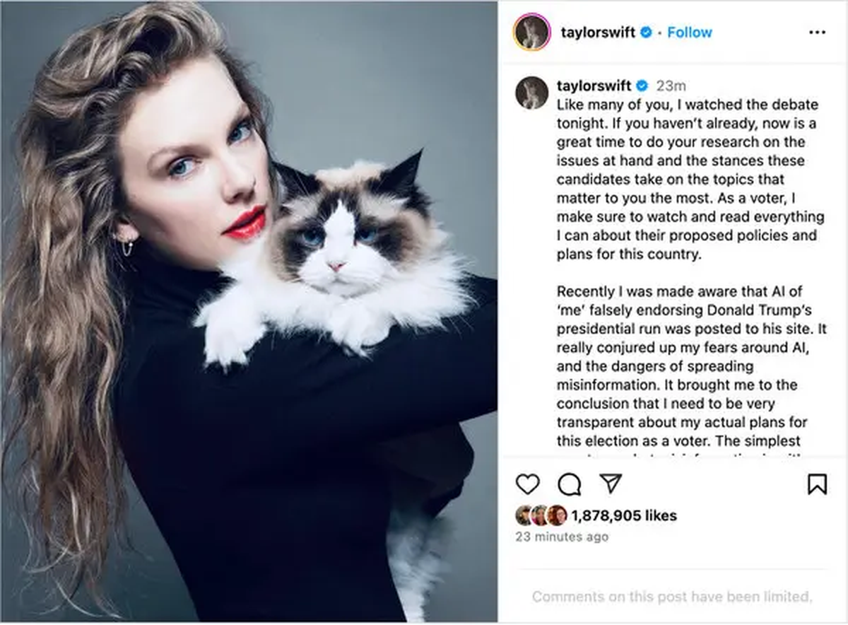 Taylor Swift manifestó su apoyo por Kamala Harris en Instagram. Taylor Swift manifestó su apoyo por Kamala Harris en Instagram.