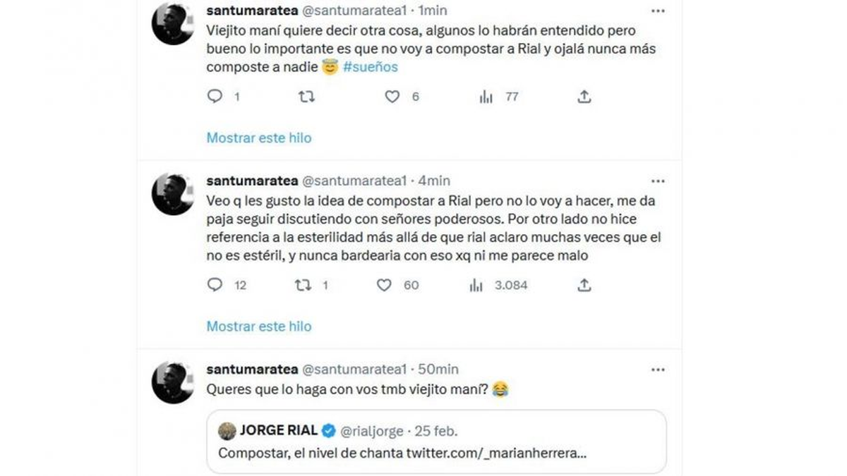 Los tuits de Santi Maratea contra Jorge Rial.
