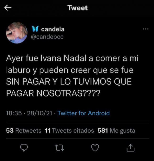 Ivana Nadal fue acusada de irse sin pagar de un restaurante.
