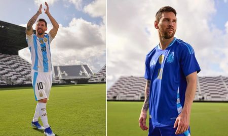 Lionel Messi, posando con las nuevas camisetas de la Selección Argentina. Lionel Messi, posando con las nuevas camisetas de la Selección Argentina.