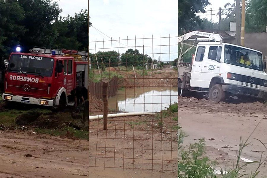 En barrio Cabal, un camión de bomberos y otro de la EPE quedaron atrapados en el barro