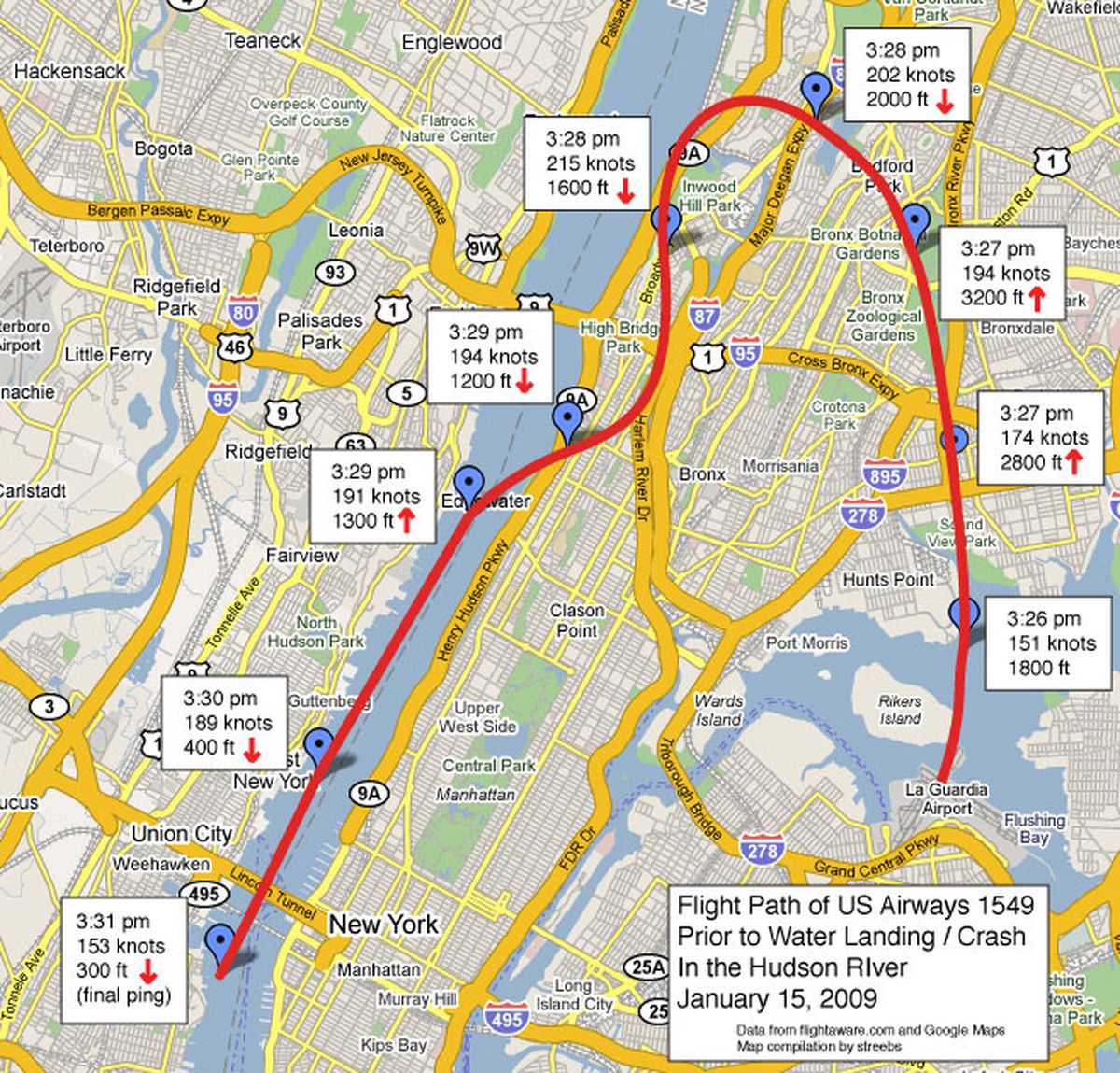 Esta fue la trayectoria del vuelo 1549, que despegó a las 15.25 del jueves 15 de enero de 2009 desde la pista 04 el aeropuerto de La Guardia, y acuatizó en el Hudson menos de seis minutos después. Esta fue la trayectoria del vuelo 1549, que despegó a las 15.25 del jueves 15 de enero de 2009 desde la pista 04 el aeropuerto de La Guardia, y acuatizó en el Hudson menos de seis minutos después.