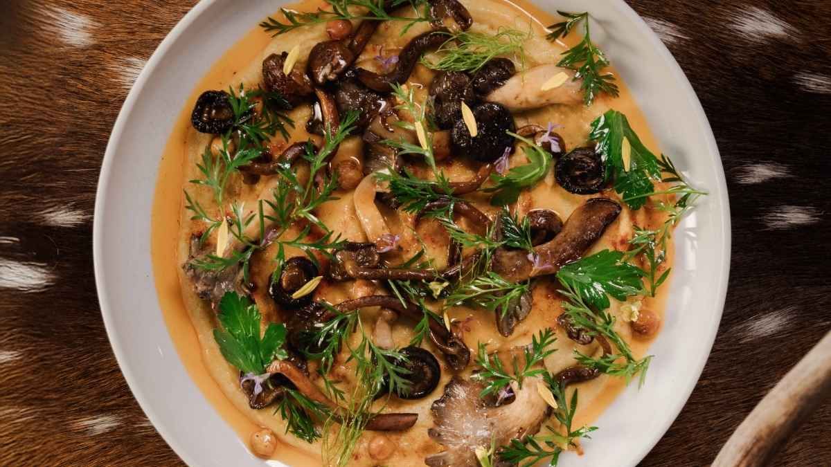 Hummus de garbanzo orgánico con miso y setas de cultivo propio: enoki, melena de león y girgola black pearl. Hummus de garbanzo orgánico con miso y setas de cultivo propio: enoki, melena de león y girgola black pearl.