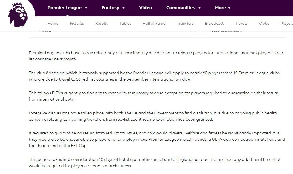 Parte del comunicado de la Premier League donde argumentan su decisión de no ceder a los jugadores sudamericanos para participar de las Eliminatorias Sudamericanas.