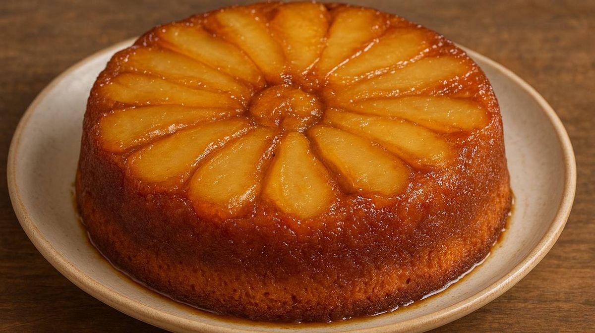 La torta invertida de peras es una rica opción para la mesa navideña.