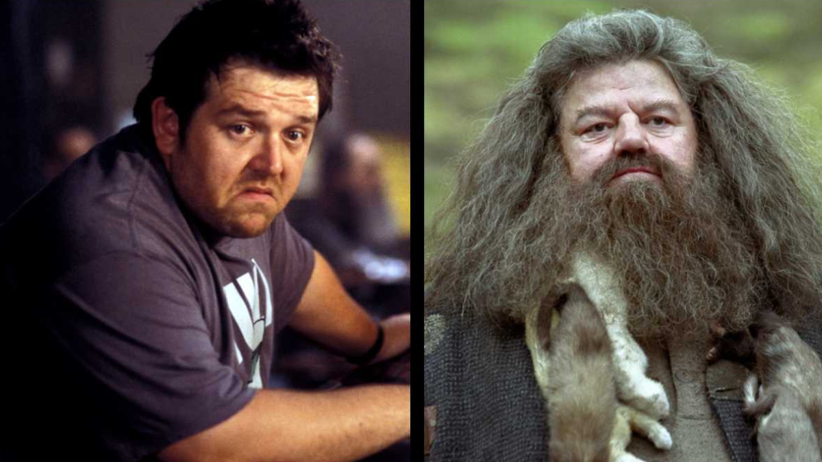 (Izquierda) Nick Frost en 'Shaun of the Dead. (Derecha) Robbie Coltrane como Rubeus Hagrid en la saga 'Harry Potter'. Foto Warner Bros.