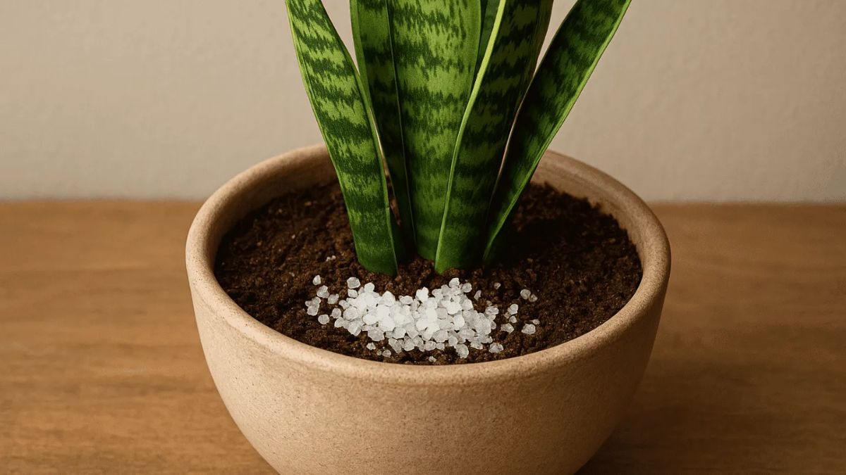 El secreto del éxito: una pizca de sal gruesa en la superficie del sustrato ayuda a prevenir hongos y mejora el drenaje de la Lengua de Suegra.