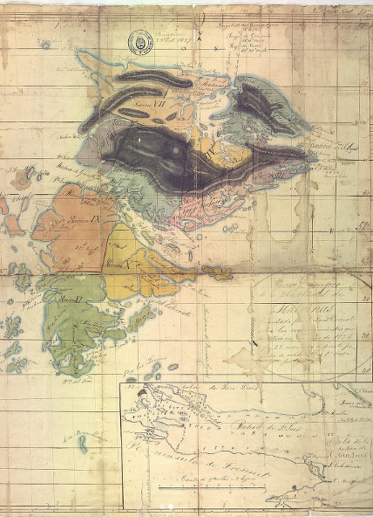 Este es el primer mapa de la Isla Soledad en Malvinas, confeccionado por Luis Vernet.