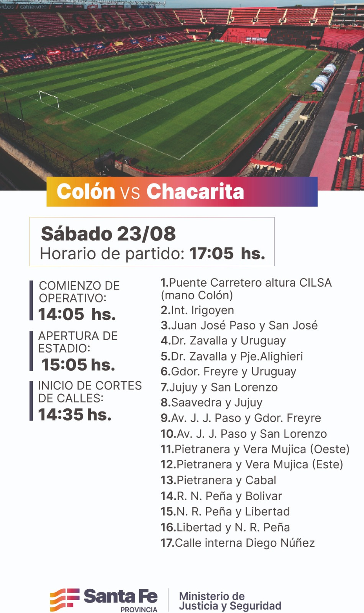 El Ministerio de Seguridad de Santa Fe dio a conocer los detalles del operativo a desplegar en el partido de Colón vs. Chacarita. El Ministerio de Seguridad de Santa Fe dio a conocer los detalles del operativo a desplegar en el partido de Colón vs. Chacarita.