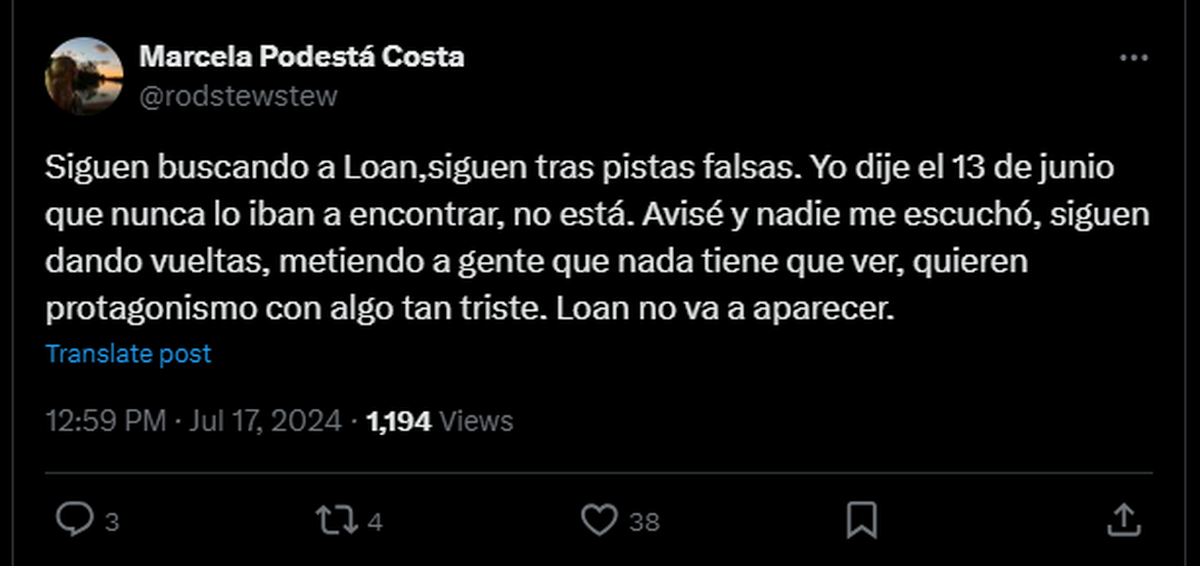 Los dichos de Marcela Podestá Costa sobre la desaparición de Loan Peña. Los dichos de Marcela Podestá Costa sobre la desaparición de Loan Peña.