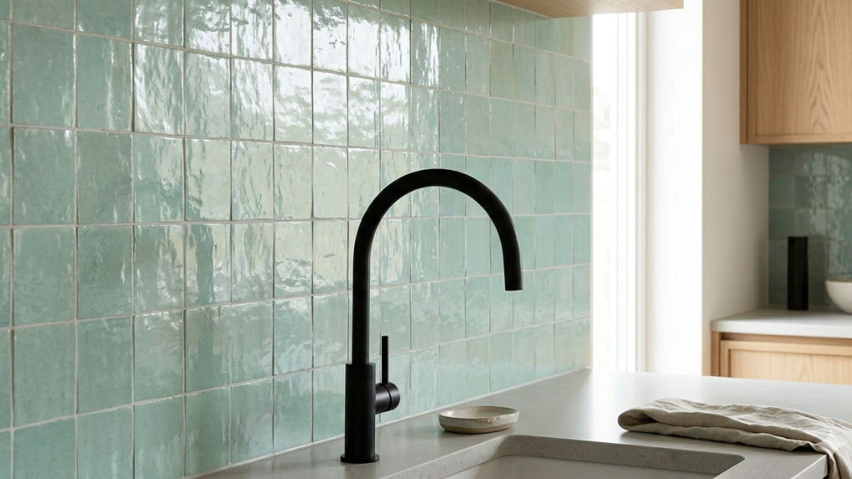 Un plano detalle enfocado en la textura de la pared. Se aprecian los cerámicos zellige de color verde agua, hechos a mano, con sus variaciones de tono e imperfecciones que reflejan la luz de forma única, contrastando con la mesada de piedra y la grifería moderna.