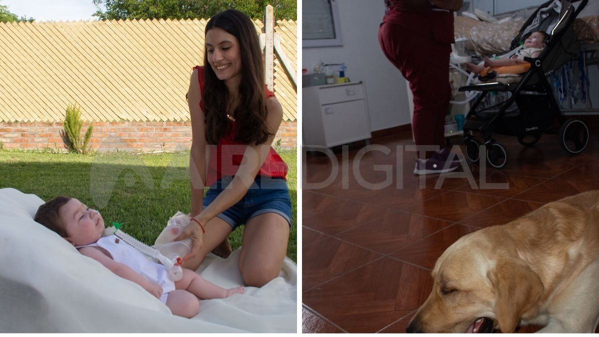 A la izquierda, Conri disfrutando junto a su mamá del patio de su casa en Colastiné, a la derecha junto a una de las terapistas y Fidel