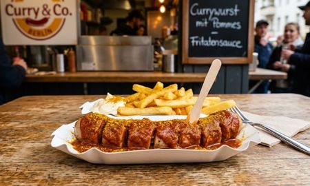 Combina salchichas doradas con una salsa especiada a base de tomate y curry. Combina salchichas doradas con una salsa especiada a base de tomate y curry.