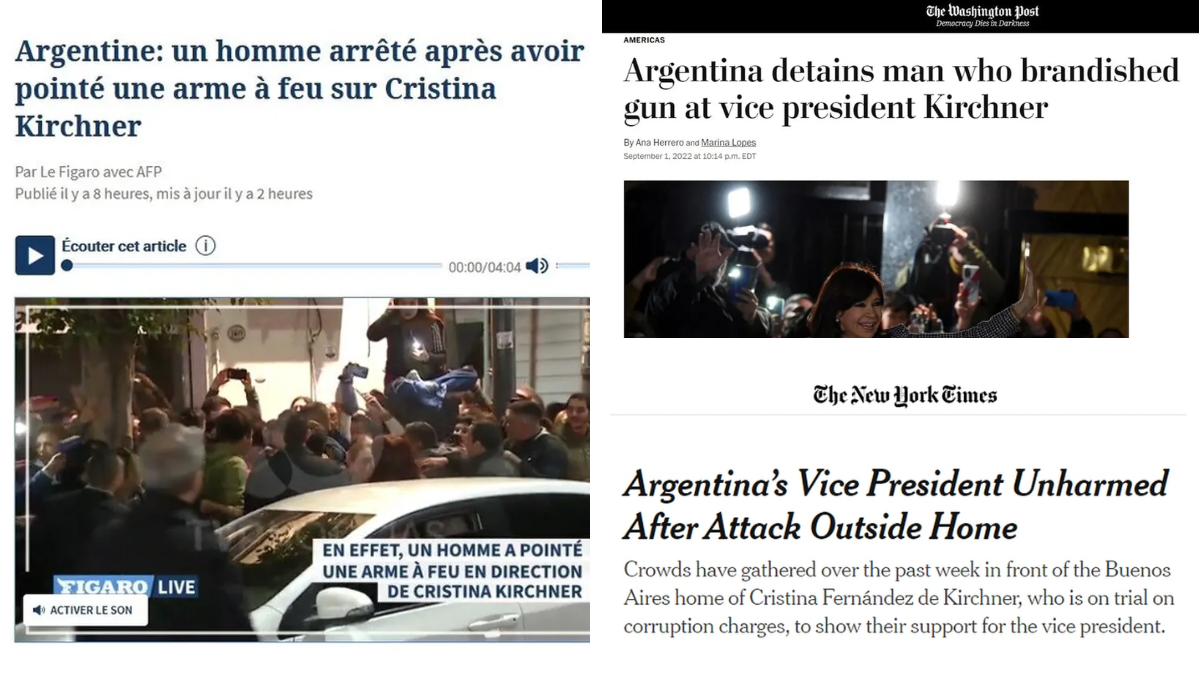 El ataque a Cristina Fernández de Kirchner copó las tapas de los diarios de todo el mundo.