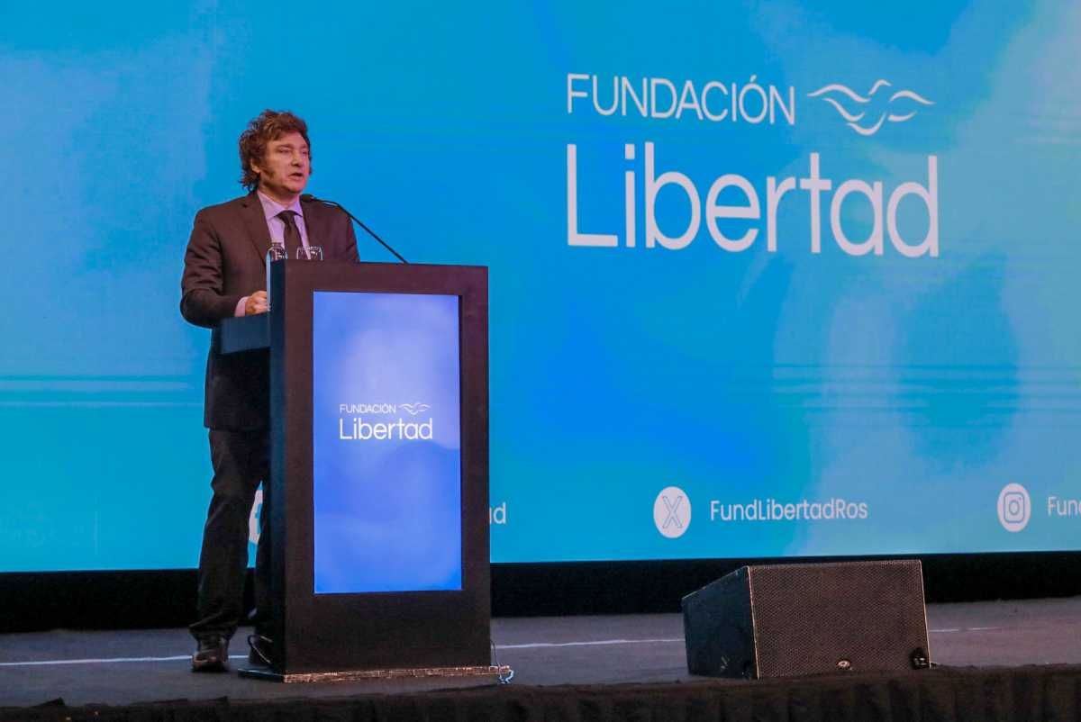 El presidente Javier Milei habla en el evento de la Fundación Libertad.
