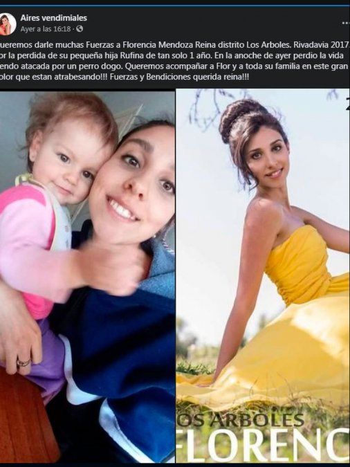 Desde el Grupo de Facebook, Aires Vendimiales, se solidaron con Florencia Mendoza, la madre de Micaela que, en 2017, fue condecorada Reina de Los Árboles.