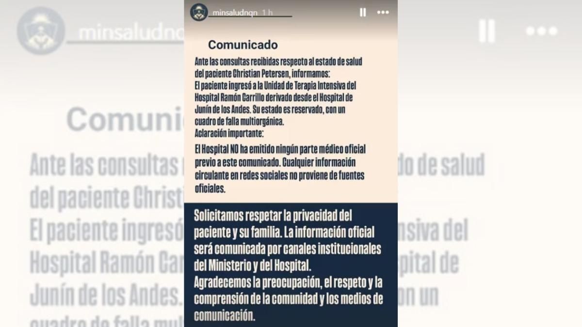 El Ministerio de Salud de Neuquén informó que Christian Petersen permanece internado con un cuadro de falla multiorgánica. El Ministerio de Salud de Neuquén informó que Christian Petersen permanece internado con un cuadro de falla multiorgánica.