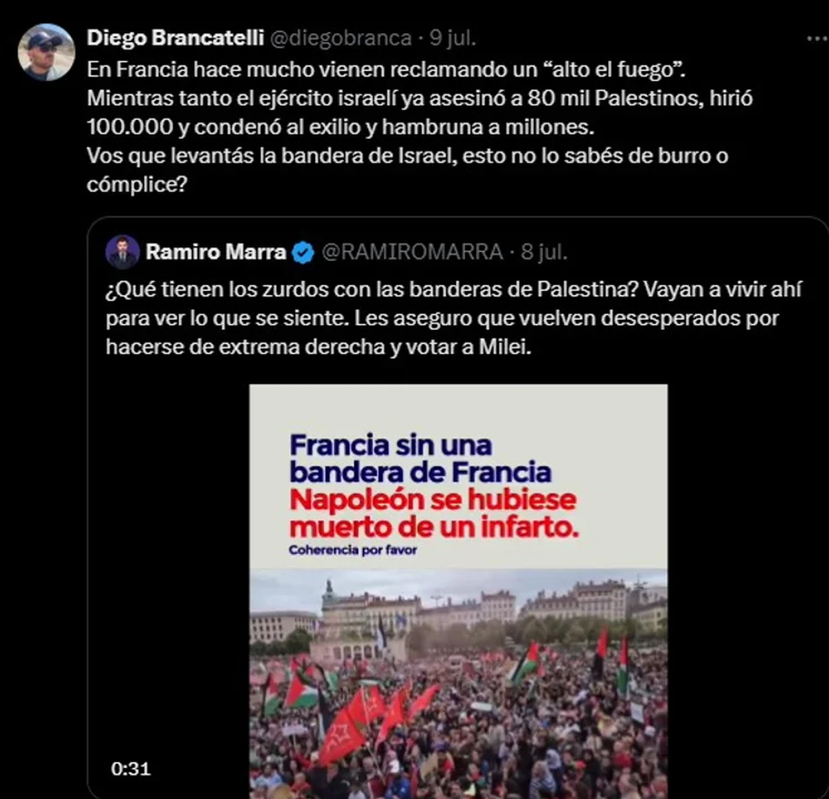 El posteo de Diego Brancatelli y la respuesta de Ramiro Marra. El posteo de Diego Brancatelli y la respuesta de Ramiro Marra.