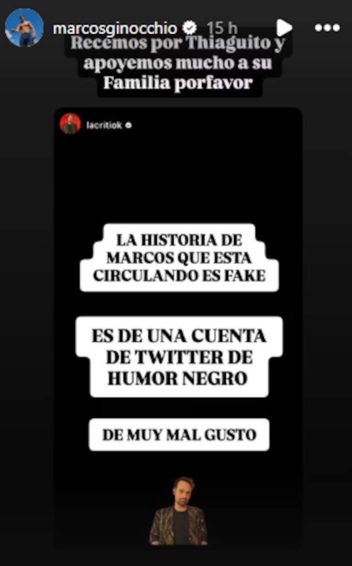 Marcos Ginocchio pidió que recen por la salud de Thiago Medina. Marcos Ginocchio pidió que recen por la salud de Thiago Medina.