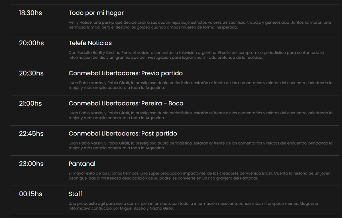 Telefe no transmitirá MasterChef este miércoles ya que pasarán el partido de Boca contra Deportivo Pereira. (Grilla de Telefé publicada en su página web)