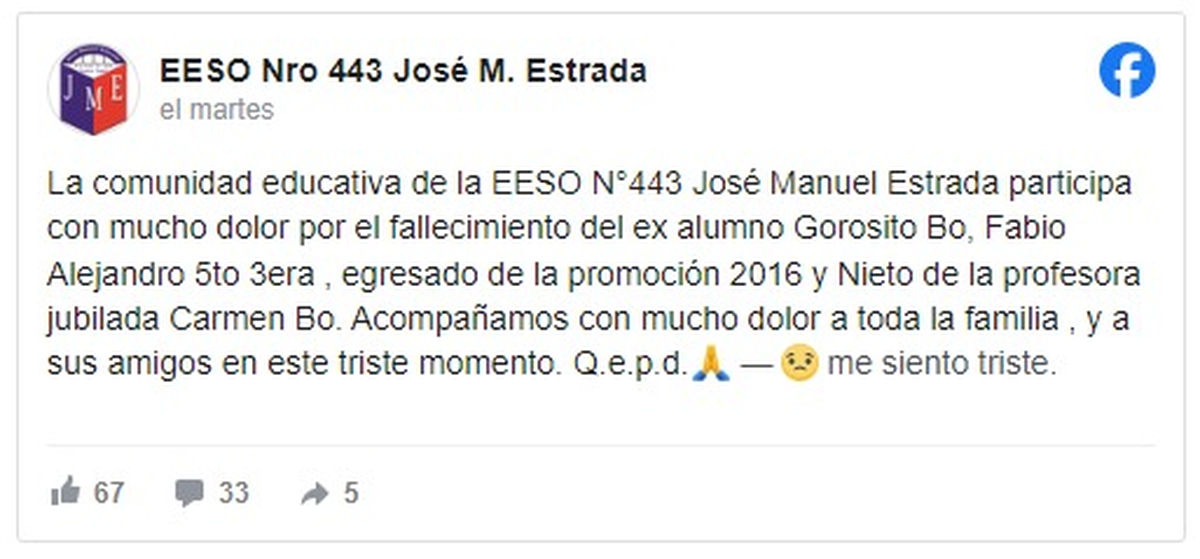 El mensaje de la escuela de Educaci&oacute;n Secundaria Orientada (EESO) Nro 443 Jos&eacute; Manuel Estrada.