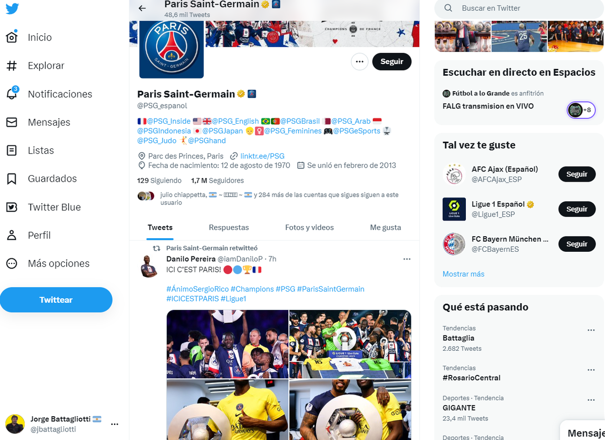 La cuenta de Twitter del PSG es otra de las que sufrió el efecto Messi y perdió miles de seguidores.
