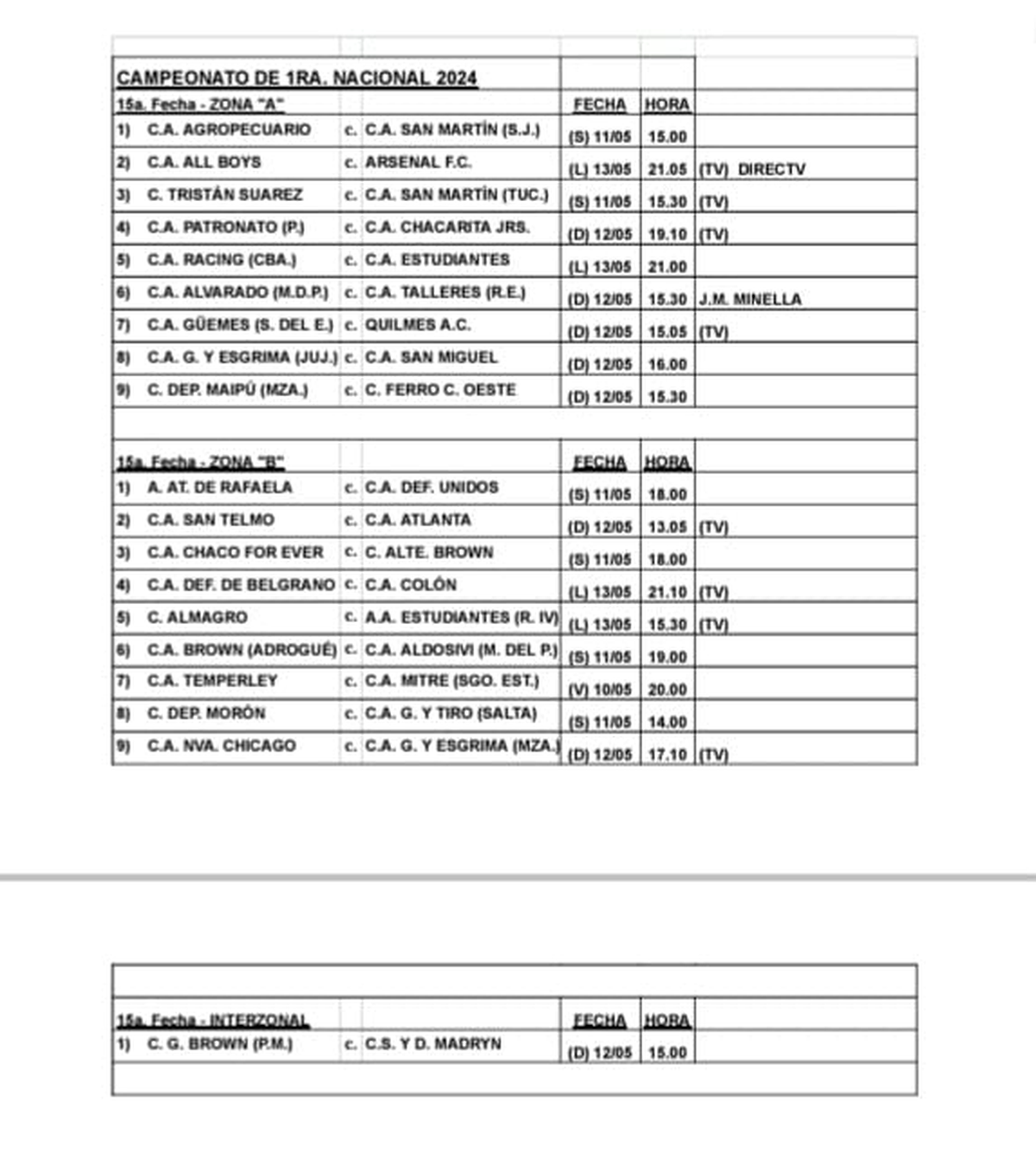 Así será la programación de la fecha 15 de la Primera Nacional. Así será la programación de la fecha 15 de la Primera Nacional.