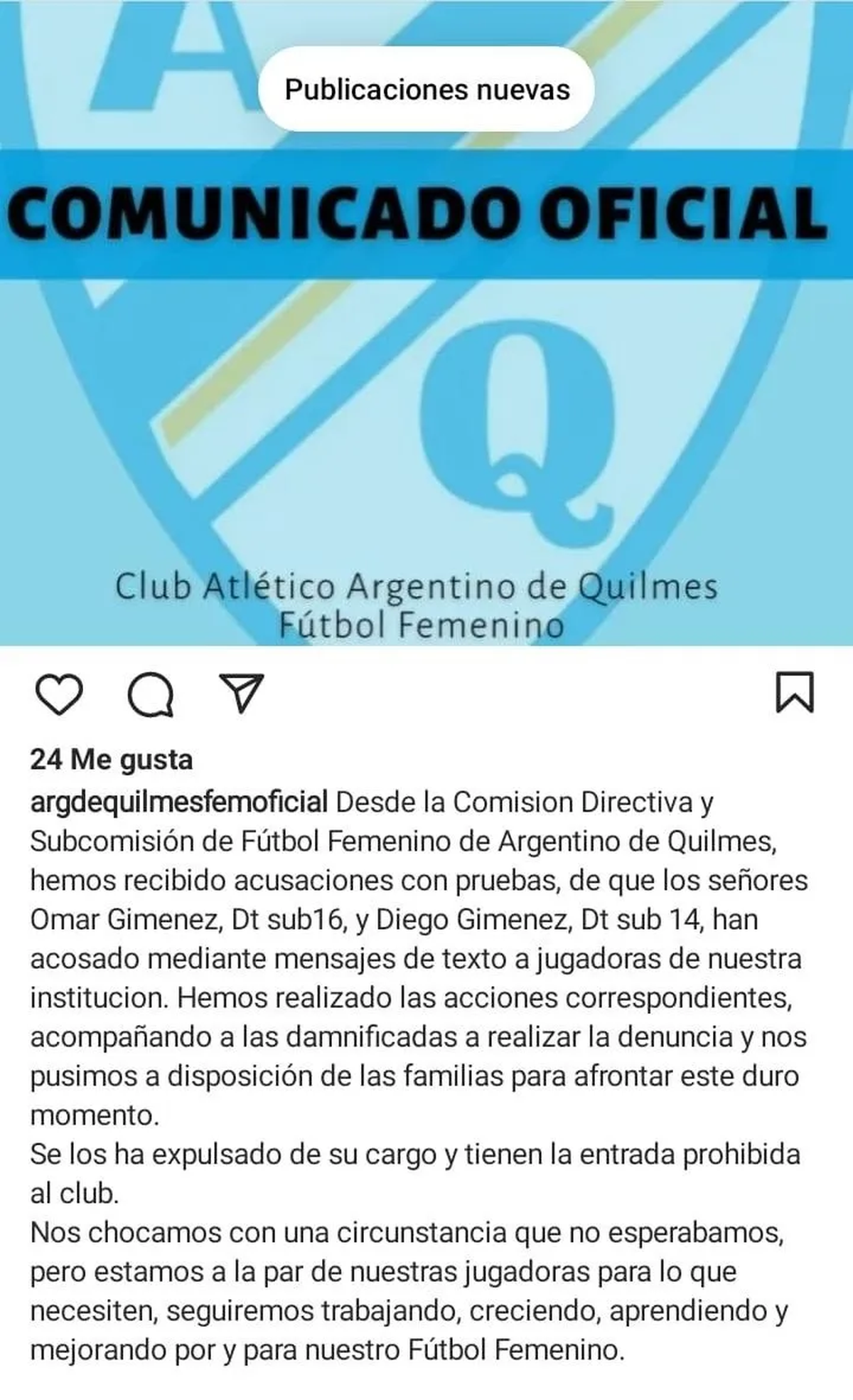 El comunicado del Club Atlético Argentino de Quilmes.  