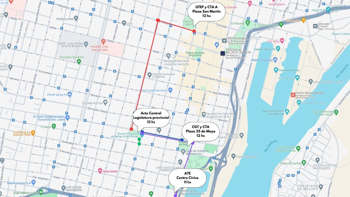 El mapa de las movilizaciones en Santa Fe por el paro general de la CGT. El mapa de las movilizaciones en Santa Fe por el paro general de la CGT.